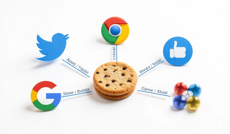 Ilustración de cookies de terceros, mostrando diferentes logos de servicios web conectados por líneas de datos.