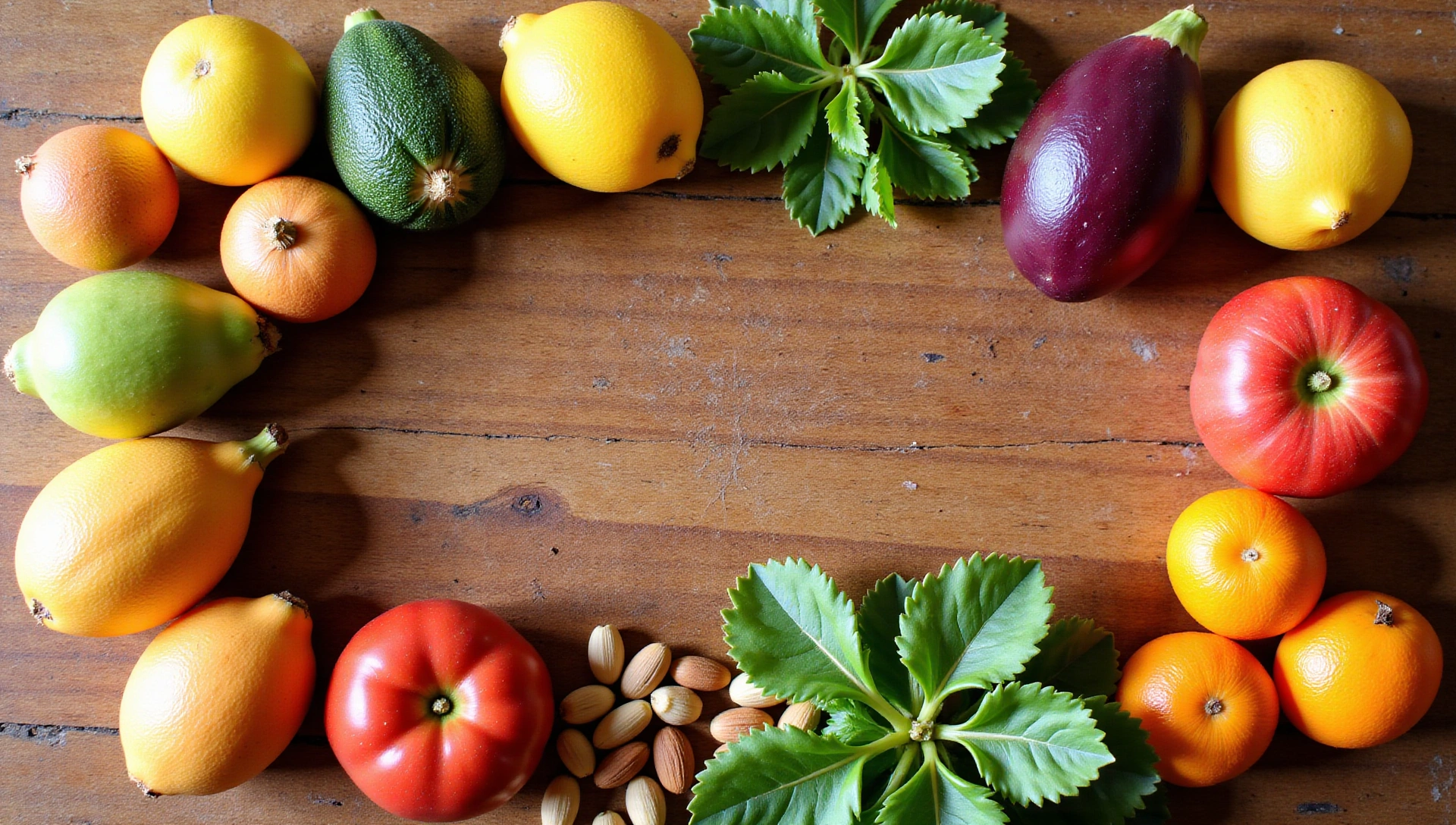 Frutas, verduras y frutos secos frescos sobre una mesa de madera con luz natural, simbolizando una alimentación saludable.