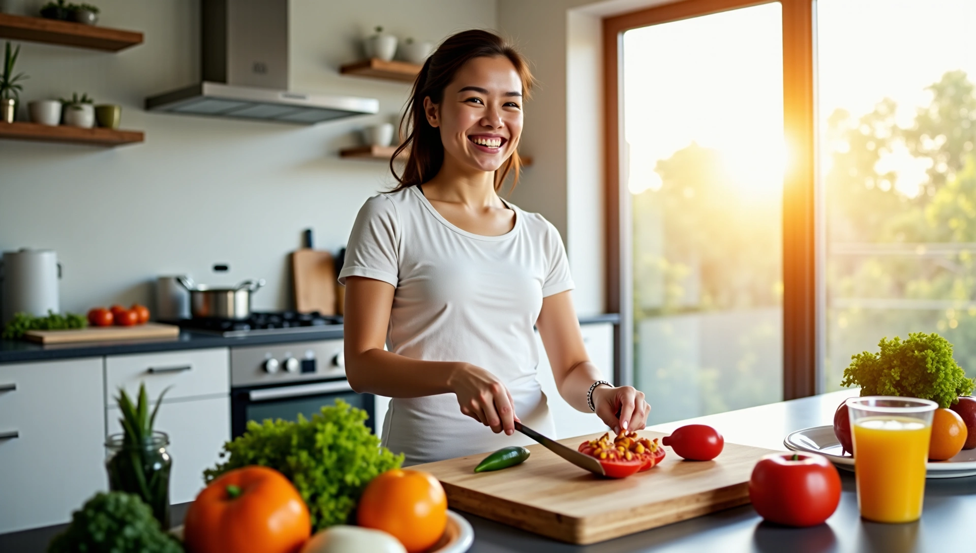 Persona feliz preparando una comida saludable en una cocina moderna, bañada en luz natural.